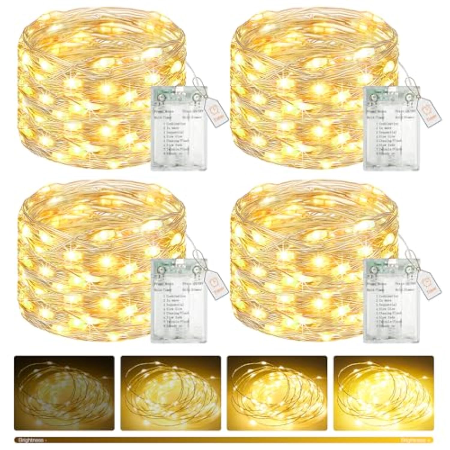 4 Pack Fairy Lights Battery Operated With Timer, 16.4 Ft 50 Led Silver Wire Twinkle String Lights 8 Modes Dimmable Water