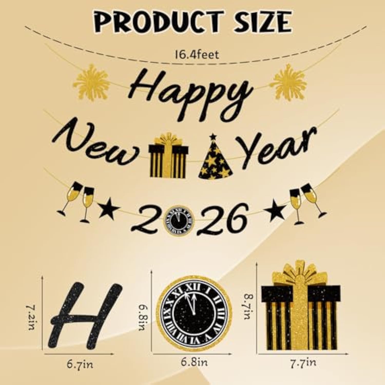 2026 Happy New Year Black and Gold Banner Party Decor No DIY