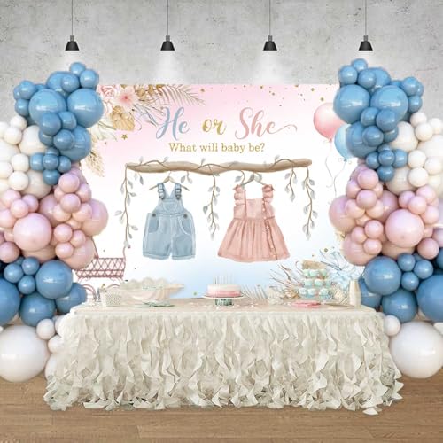 Boho Gender Reveal Backdrop Baby Shower He or She Banner Blue and Pink Cute Clothes Baby Gender Reveal Background Party Decorations Supplies Cake Table Banner 82.7x59.1 inch