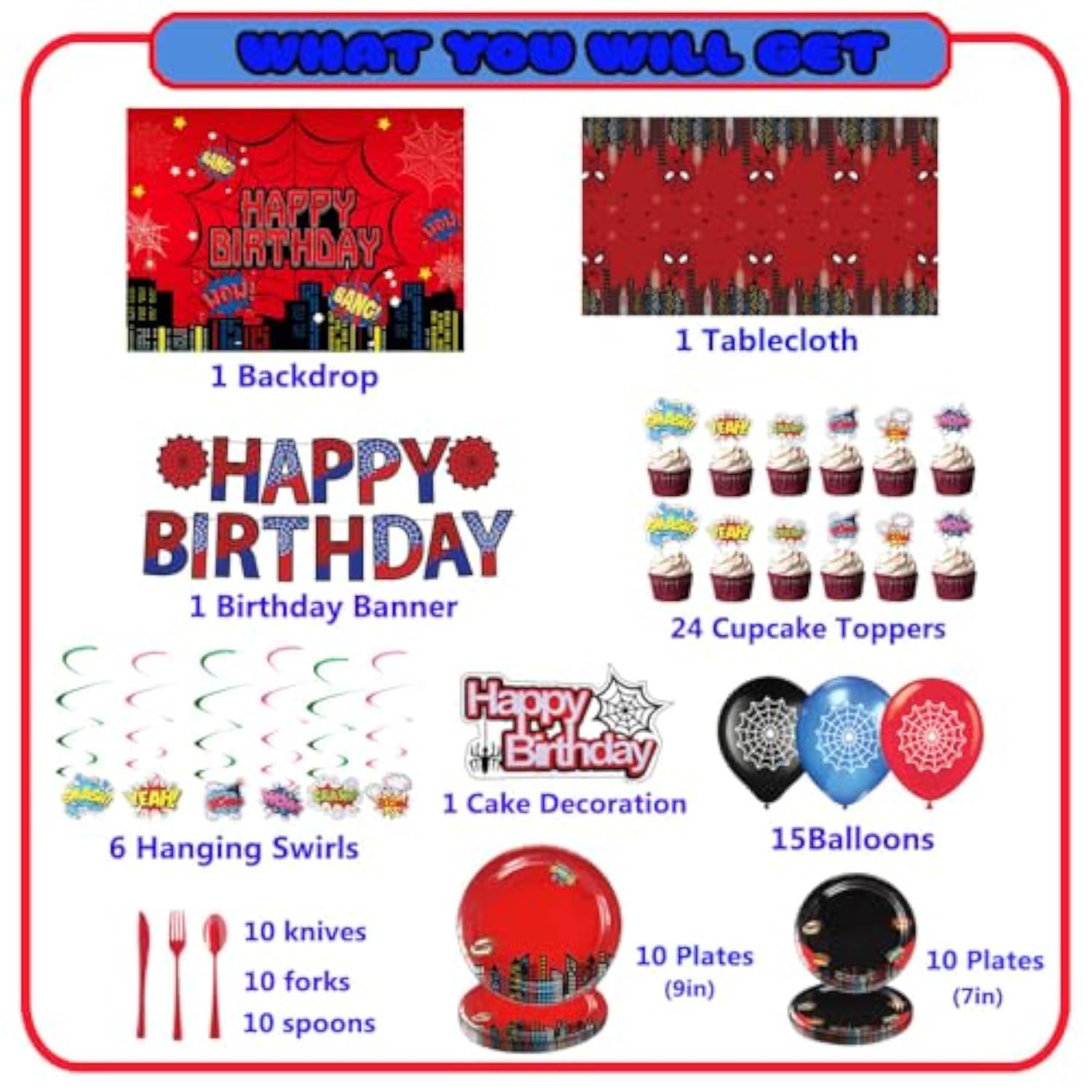 Spider Theme Birthday Party Supplies, Spider Party Decorations Including Birthday Banner, Backdrop, Hanging Swirls, Tablecloth, Balloons, Cake Toppers, Plates, Forks, Knives, Spoons For Spider Party