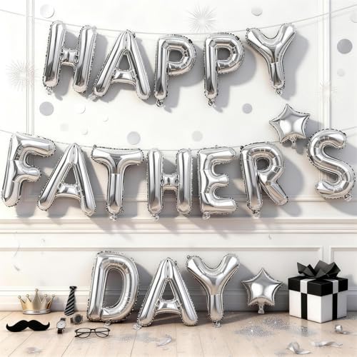 Happy Father's Day Balloons, Silver 16 Inches Father Foil Letter Balloons with Star Heart Balloon for Father's Day Dad Birthday Appreciation Family Gathering Celebration BBQ Party Decorations Supplies