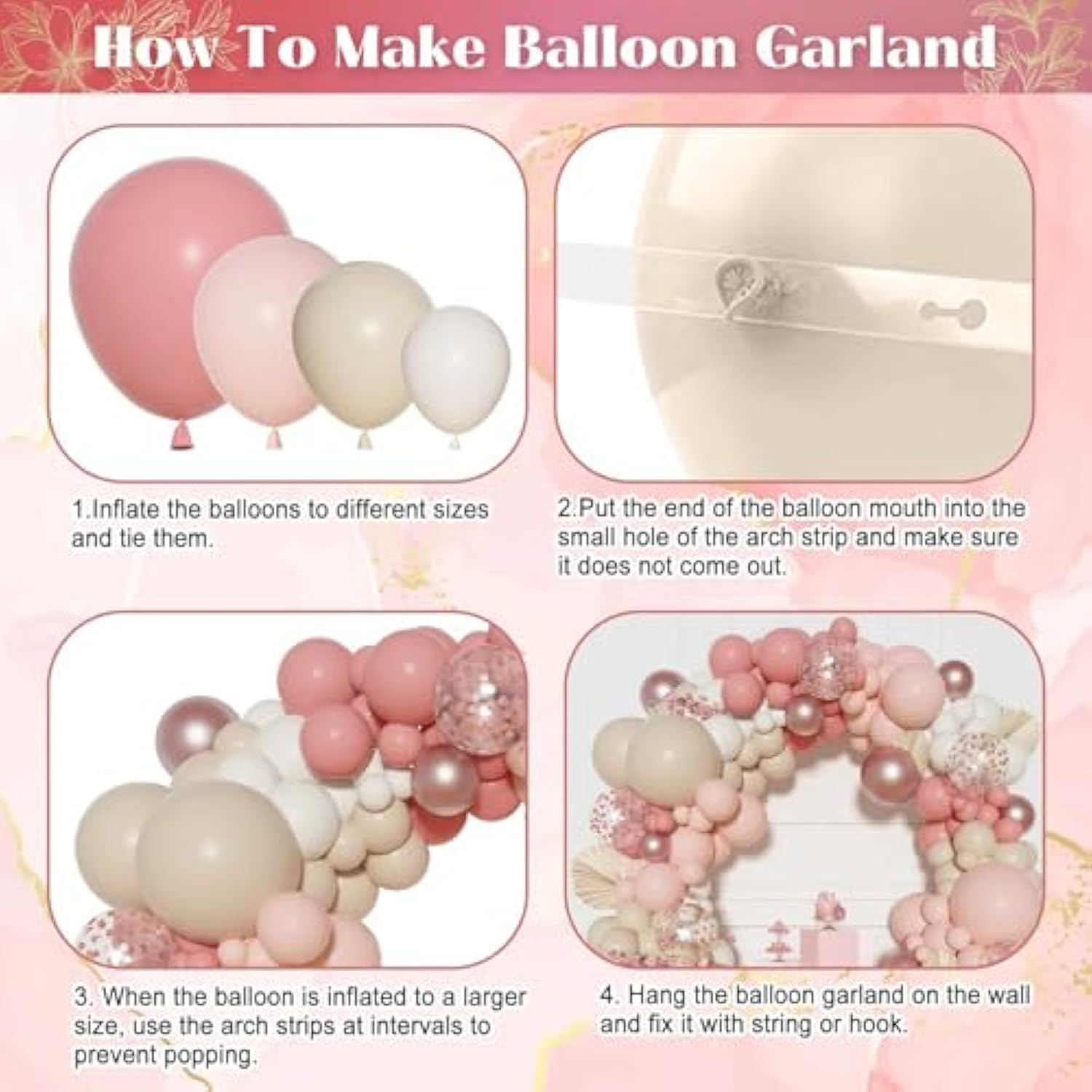 Dusty Pink Balloons Arch Garland Kit, Different Sizes 18 12 10 5 Inch Boho Pink White Sand Latex Metallic Confetti Balloon For Girl Baby Shower Mothers Day Birthday Party Decorations