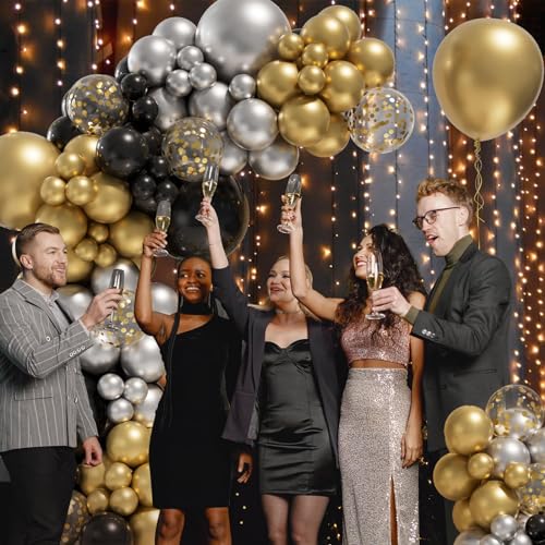 152pcs New Years Balloons Arch Garland Kit, New Years Eve Party Supplies 2025 - Black, Gold, Silver Balloons, Gold Confetti Balloons for Wedding Graduation Birthday Party New Year Decoration
