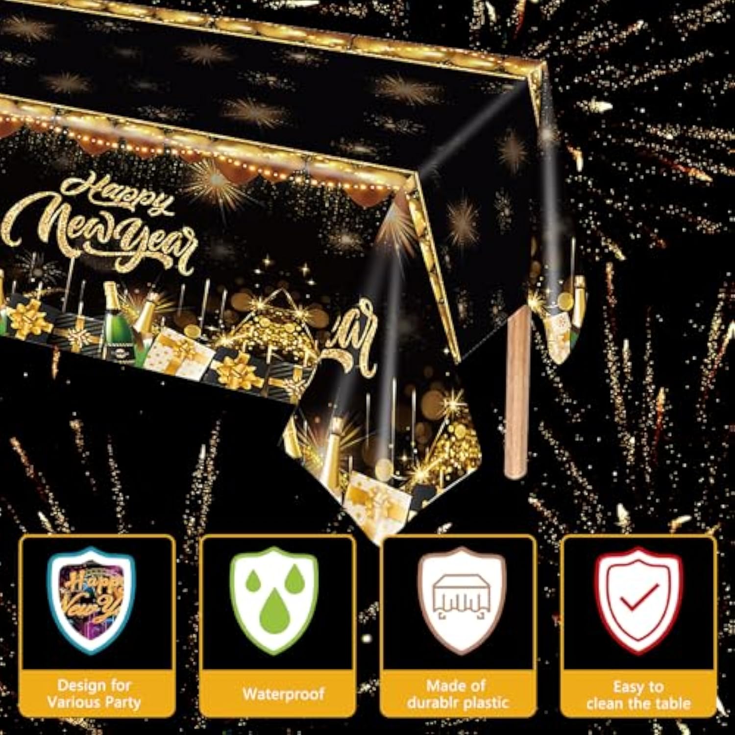 3 Pack Black Gold Happy New Year 2025 Tablecloths and Banners