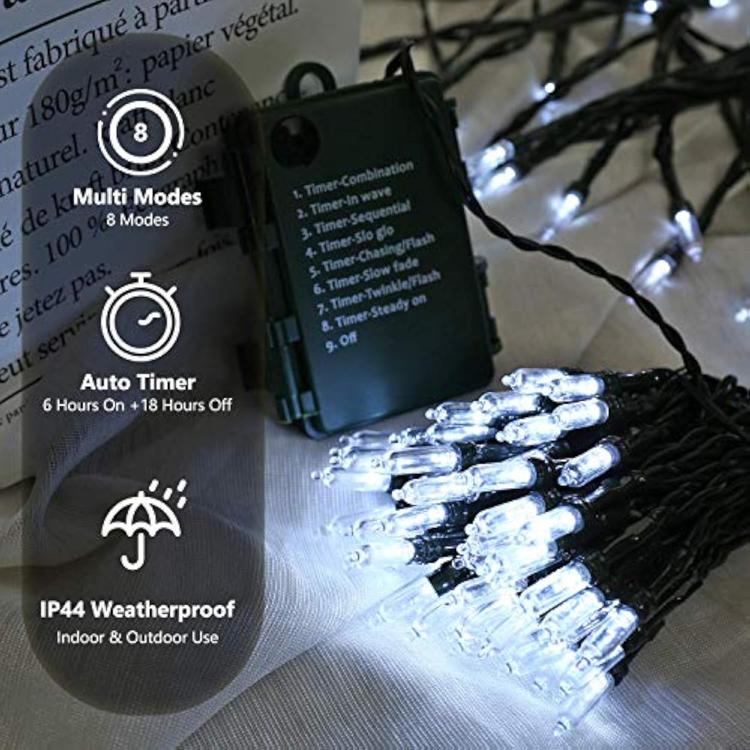 White Christmas Lights, 2 Pack 17.94Ft 50 Led Battery Christmas String Lights With Timer, 8 Modes Christmas Tree Lights