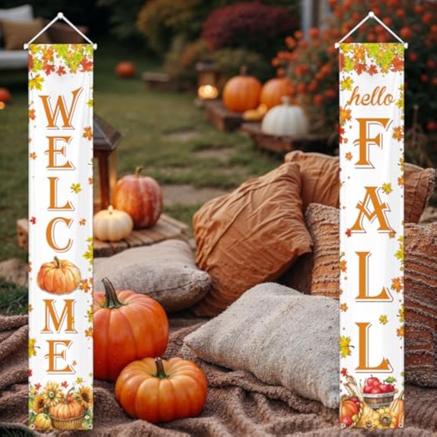 Hello Fall Porch Banner Autumn Harvest Hanging Banner Pumpkin Front Door Sign Fall Maple Leaves Welcome Signs For Thanksgiving Decorations Indoor Outdoor