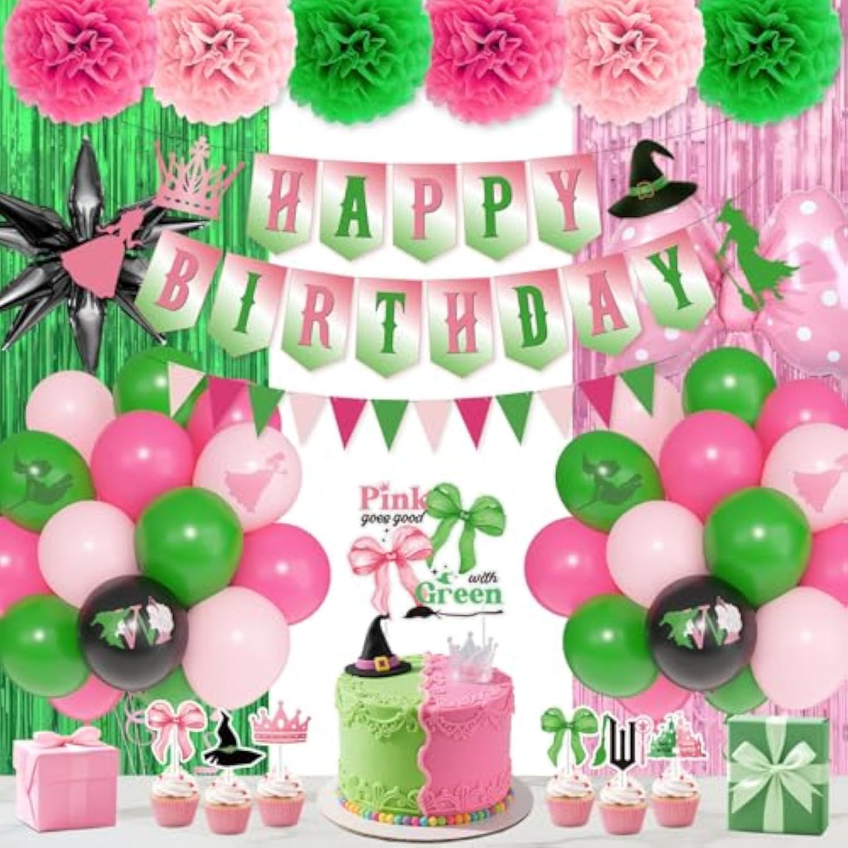 Witch Movie Birthday Party Decorations For Women, Pink And Green Princess Witch Themed Black Star Foil Balloon Happy Birthday Triangle Banner Cup Cake Toppers Pompoms Fringe Curtain Favors