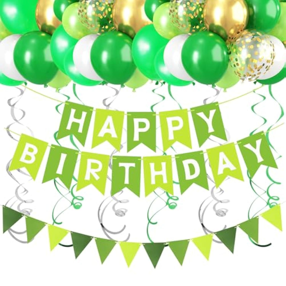 Green Birthday Decorations Banner, Swirls, Bunting & Balloons for Men & Boys