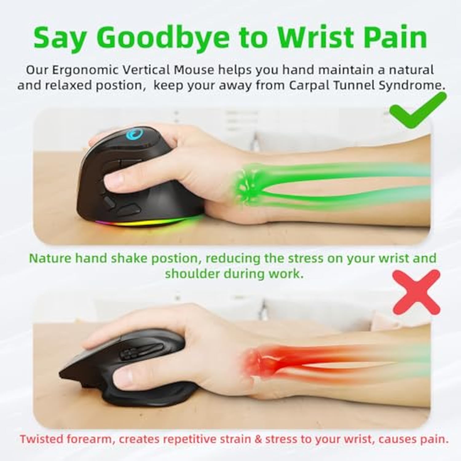 2.4G / Bt/Wired Tri-Mode Rgb Rechargeable G53 Wireless Vertical Ergonomic Mouse, 5 Side Buttons, Max 8400 Dpi, For Pc Computer Notebook Laptop, For Windows 11 10, Mac, Ipad Os, Android - Black