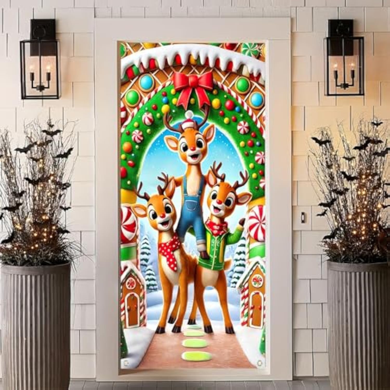 Rudolph Reindeer Merry Christmas Door Cover Banner 35 X 71 Inches Candy Snow Cute Animal Elk Door Banner Christmas Hanging Covers Elk Door Backdrop Winter Holiday Decorations Xmas Eve Party