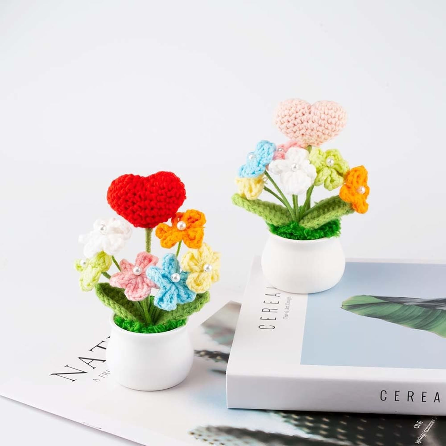 Knitting Crochet Flowers Potted Plants, Fake Forget Me Not Flowers And Knitted Heart For Friends, Family And Lover, Artificial Handmade Flowers For Birthday Valentine'S And Home Decor (Red)