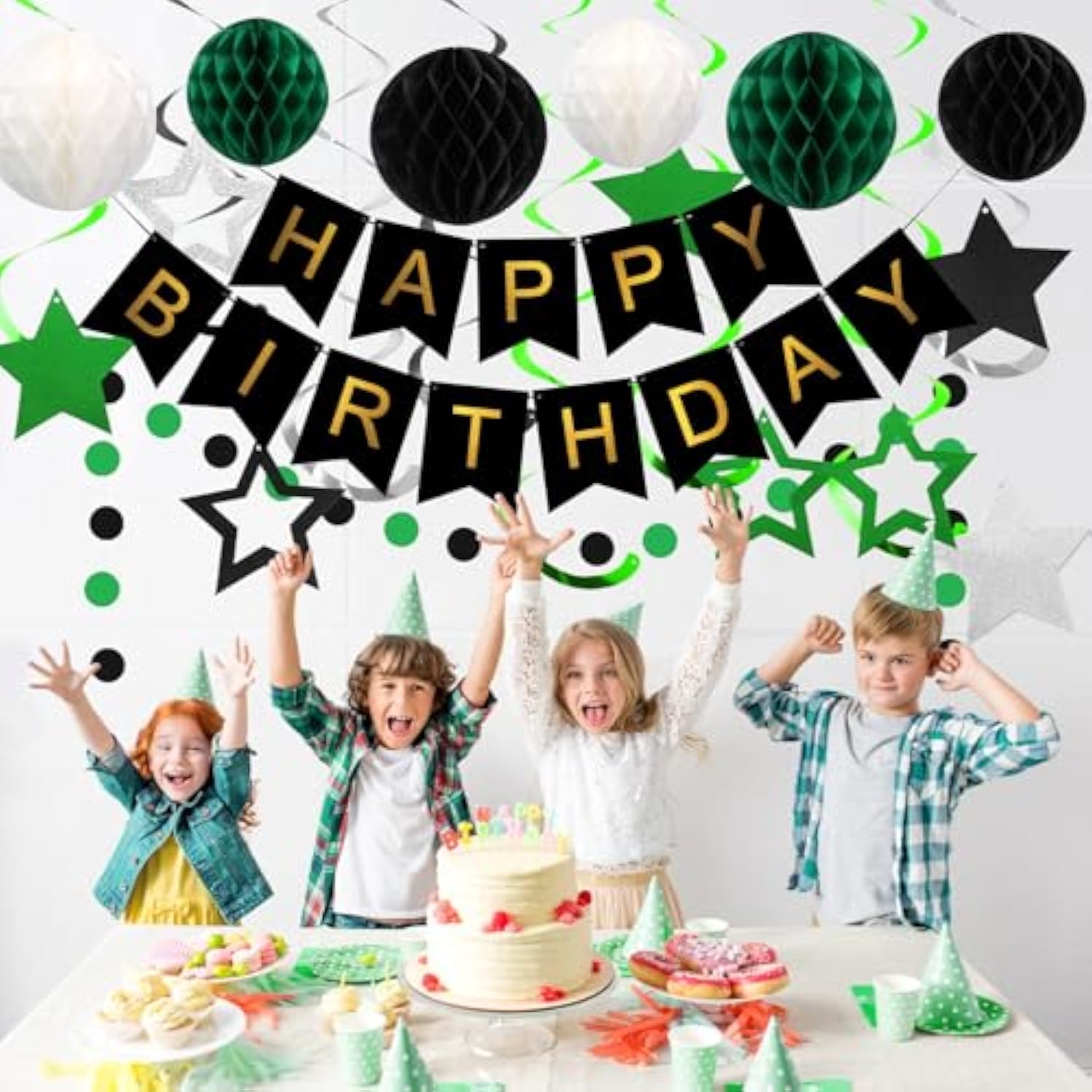 Birthday Decorations, Happy Birthday Banner With Honeycomb Balls, Star Hanging Swirl Streamer, Circle Dot Garland, Happy Birthday Party Decorations For Women Men Boys Girls (Green & Black)