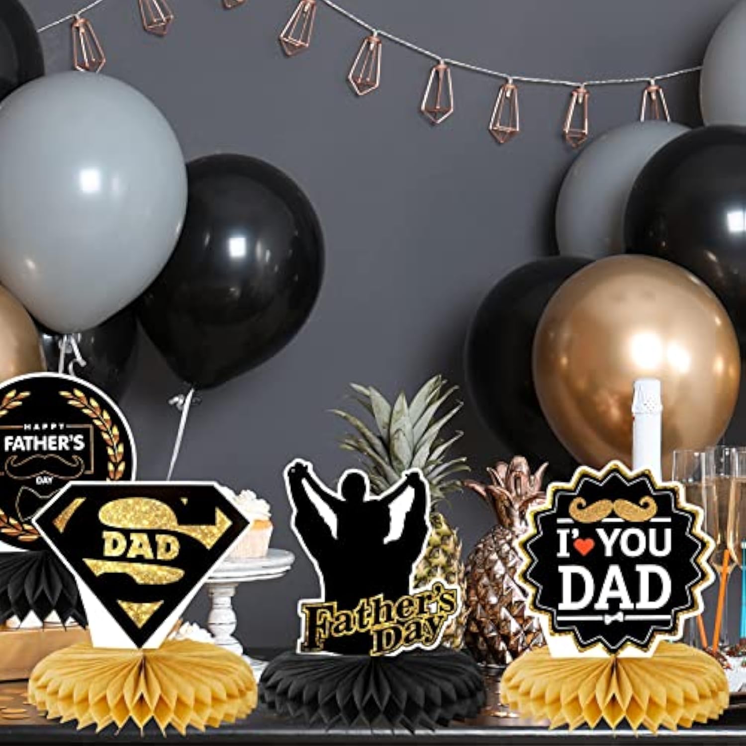 Father'S Day Decorations Honeycomb Centerpieces, Black And Gold Happy