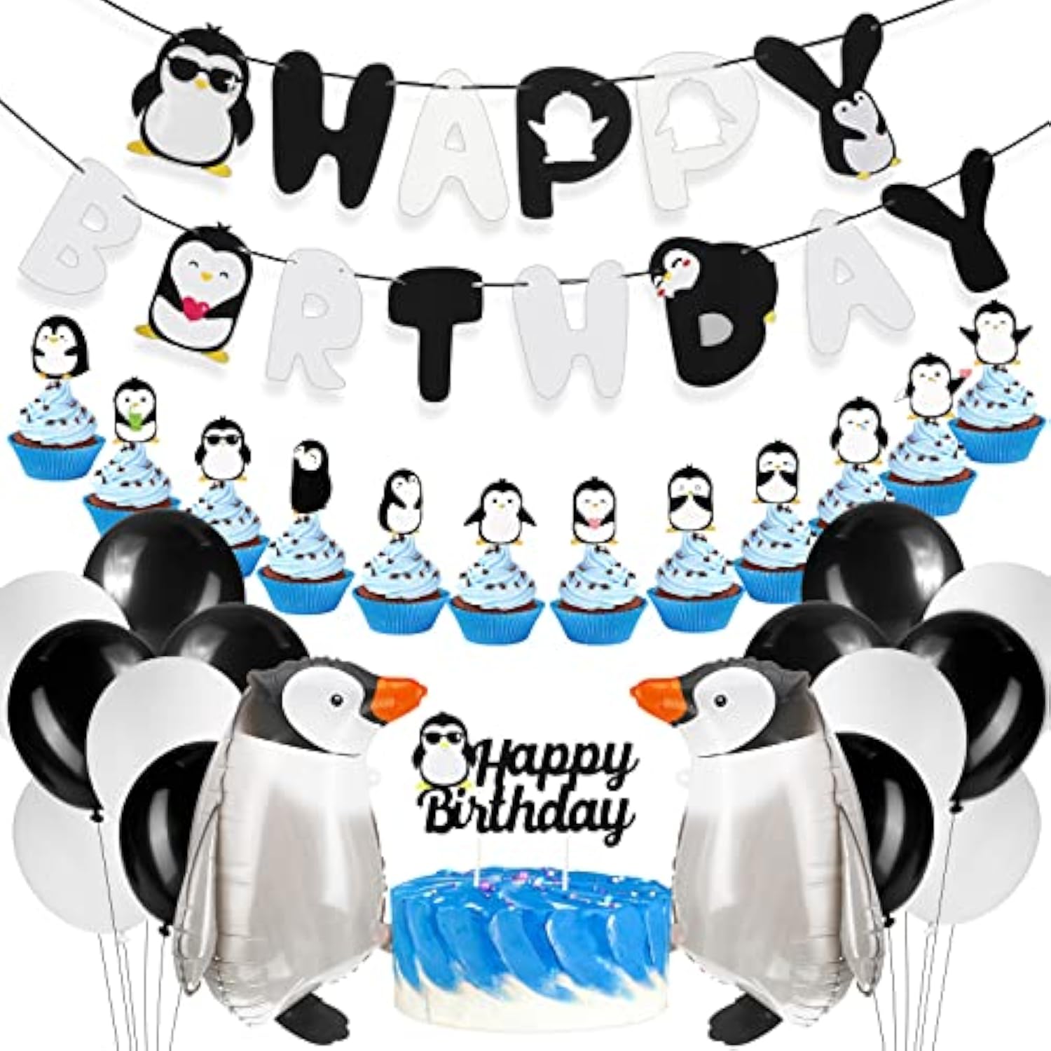 48 Pcs Penguin Birthday Party Decoration Includes Happy Birthday Penguin Banner Walking Balloons Cake Topper Latex Balloons Party Supplies For Winter Baby Shower