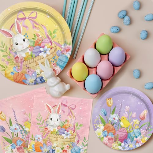 Happy Easter Supplies Kit for 25 Guests - Easter Bunny Decorations, Includes Dinner & Dessert Plates, Napkins, Cups, Banner and Tablecloth in Pink, Purple