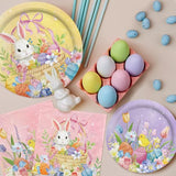 Happy Easter Supplies Kit for 25 Guests - Easter Bunny Decorations, Includes Dinner & Dessert Plates, Napkins, Cups, Banner and Tablecloth in Pink, Purple