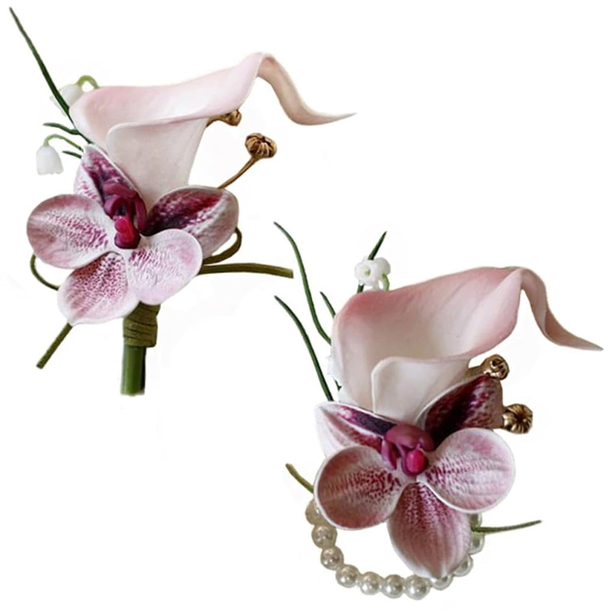 2 Pieces Corsage And Boutonniere Set, Artificial Calla Lily& Orchid Flowers Accessories Decorations For Wedding Prom Party Celebration Suit- Pink (W4-X2-Ll)