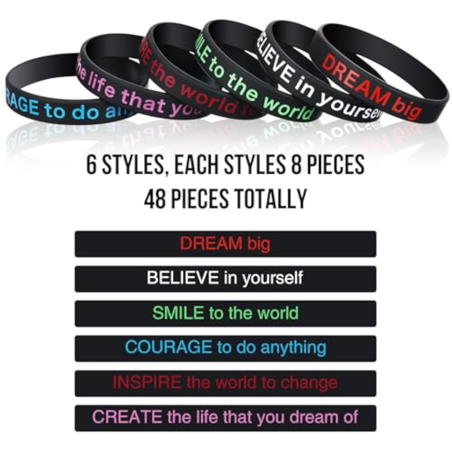 48 Pcs Motivational Quote Rubber Bracelets Colored Inspirational Silicone Wristbands Stretch Bracelets For Men Women Black History Month Teacher Office Party Favor Gifts(Black)