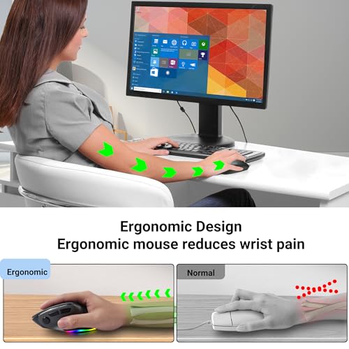 Ergonomic Mouse,Bluetooth Vertical Wireless Mouse,Led Rechargeable Optical Computer Mice, Portable(Bt5.2 Or Usb 2.4Ghz) Dual Mode,1000/1600/2400 Dpi,8 Buttons For Laptop,Desktop,Pc,Macbook (Grey)