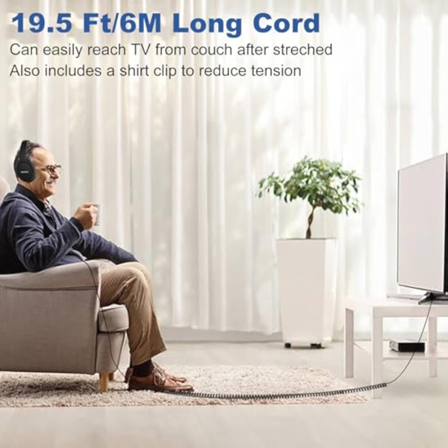 19.5Ft / 6M Extra Long Cord Headphones For Tv Pc With Volume Control, Spring Coiled Cable, 3.5Mm Aux, Wired Over Ear Earphones For Seniors Hard Of Hearing, Large Comfortable Computer Headset