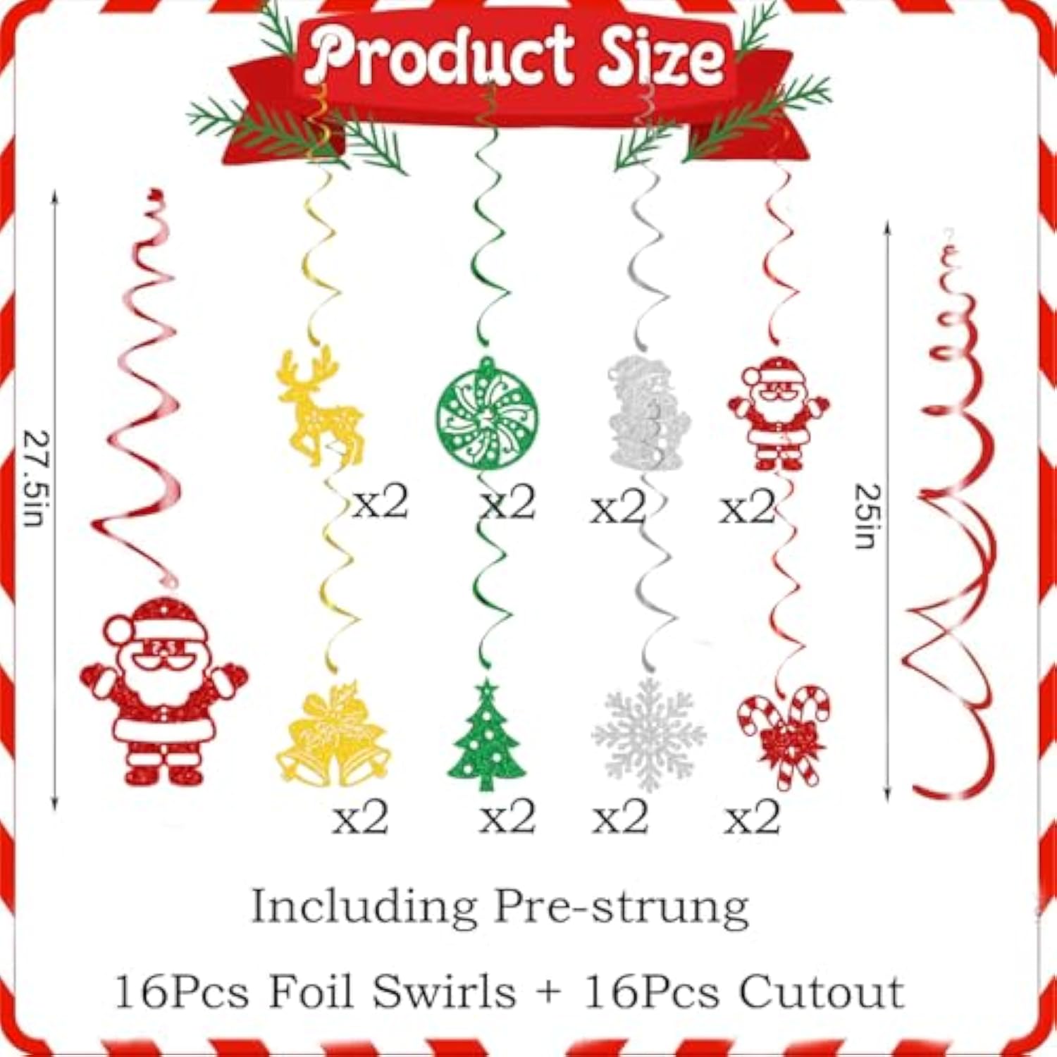Christmas Hanging Swirls Glitter Snowflakes Bells Santa Winter Party Decor