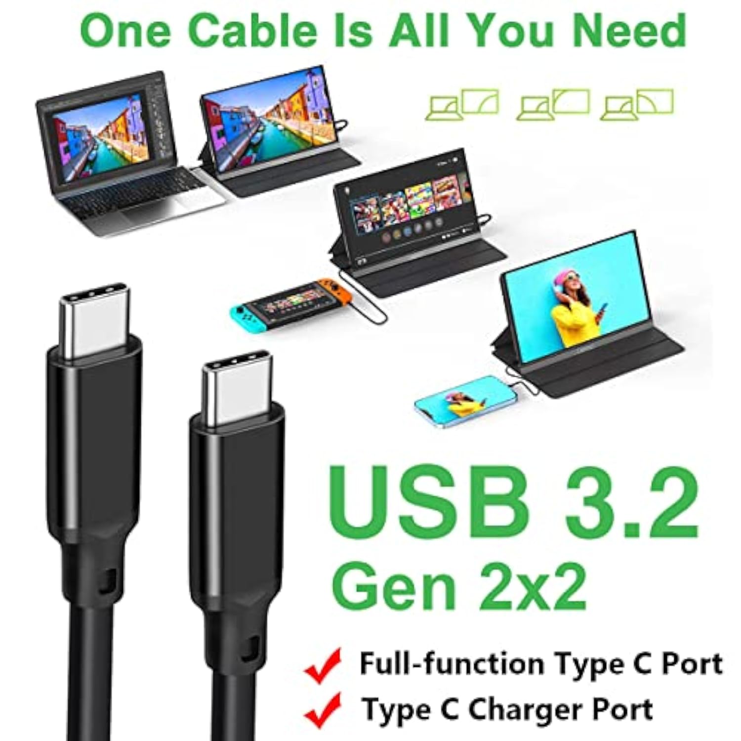 240W Usb 3.2 Gen 2X2 Display Monitor Link Data Transfer Video Cable For Lepow Z1 15.6 In, Innoview, Asus Zenscreen, Kyy, Cocopar, Arzopa, Aoc, Viewsonic Portable Monitor Hdr Outputt Charger Power Cord