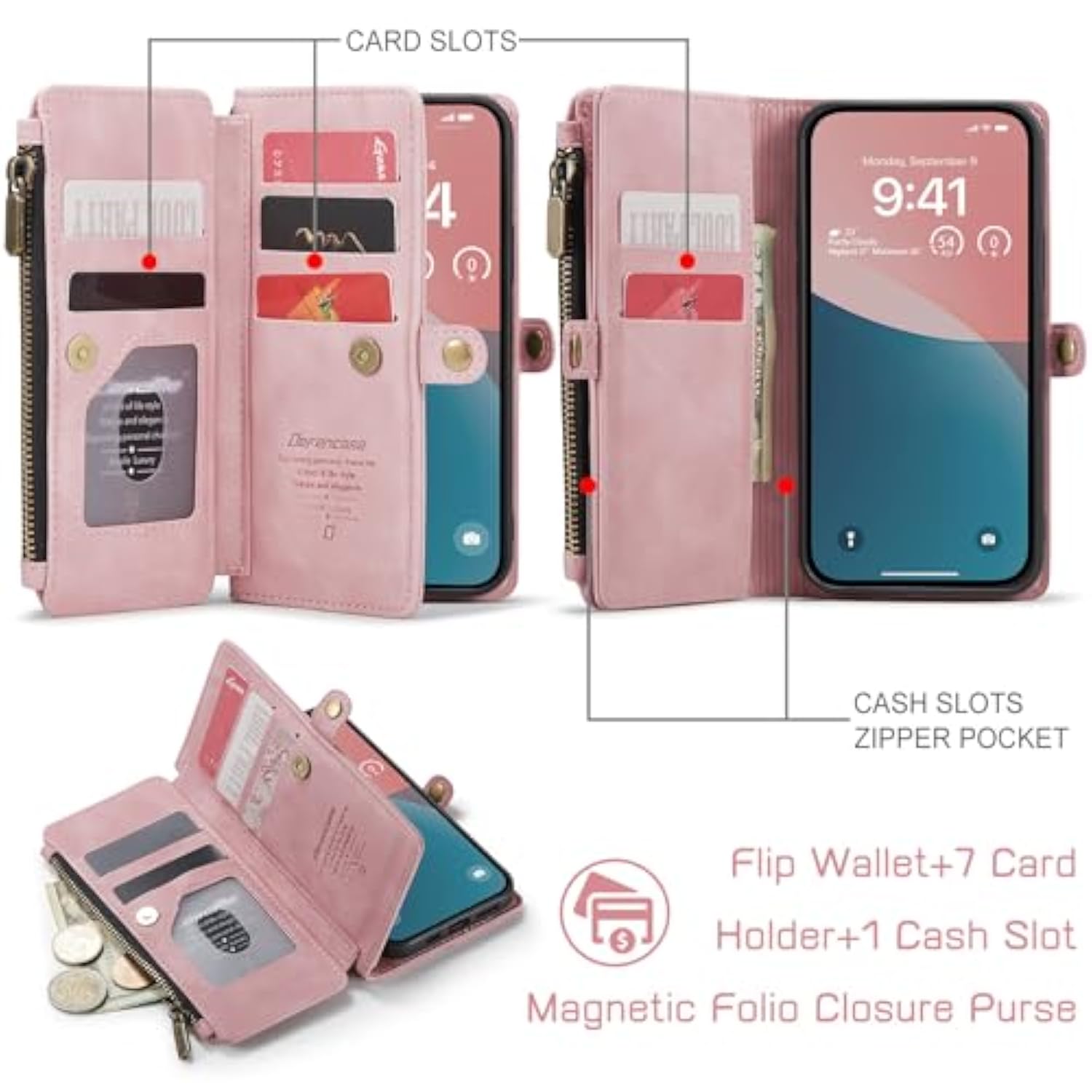 Compatible With Iphone Se 2020 2022 Case Wallet With Rfid Blocking Card Holder For Women Men, Pu Leather Magnetic Snap Flip Zipper Strap Wallet Phone Case Fit For Iphone Se/7/8, Rose Pink