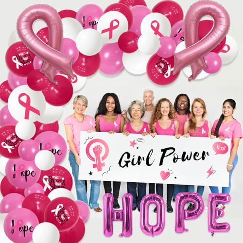 Breast Cancer Awareness Decorations Pink Ribbon Balloons Arch Garland Kit Pink White Latex Balloons Hope Foil Balloons for Breast Cancer Pink Ribbon Party Decoration Supplies Survivor Party Decor