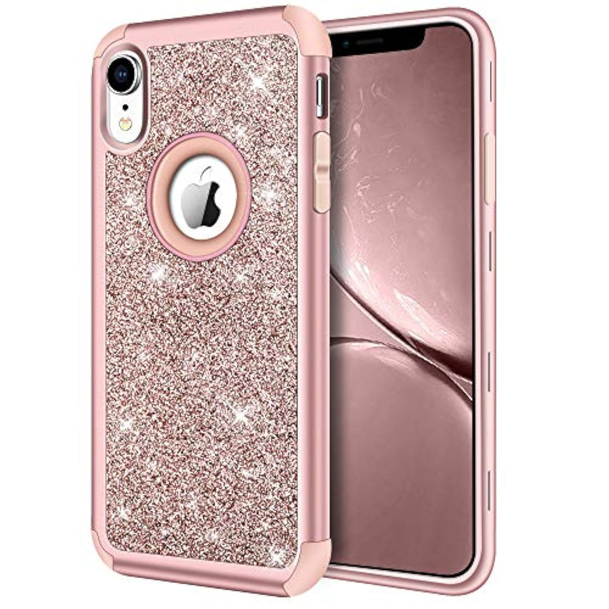Compatible With Xr Case, Heavy Duty Full-Body Defender Protective Bling Glitter Sparkle Hard Shell Armor Hybrid Shockproof Silicone Rubber Bumper Cover For 6.1-Inch, Rose Gold