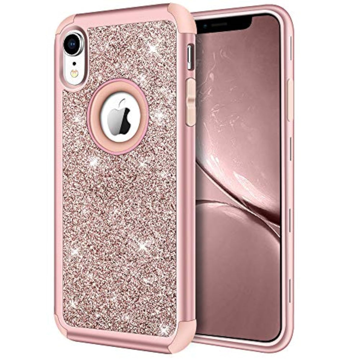 Rose Gold Heavy Duty Full-Body Defender Protective Bling Glitter Sparkle Hard Shell Armor Hybrid Shockproof Silicone Rubber Bumper Cover for iPhone XR 6.1-Inch