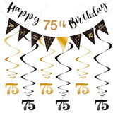 75Th Birthday Decoration Kit Happy 75Th Banner Swirls Streamers Black Gold