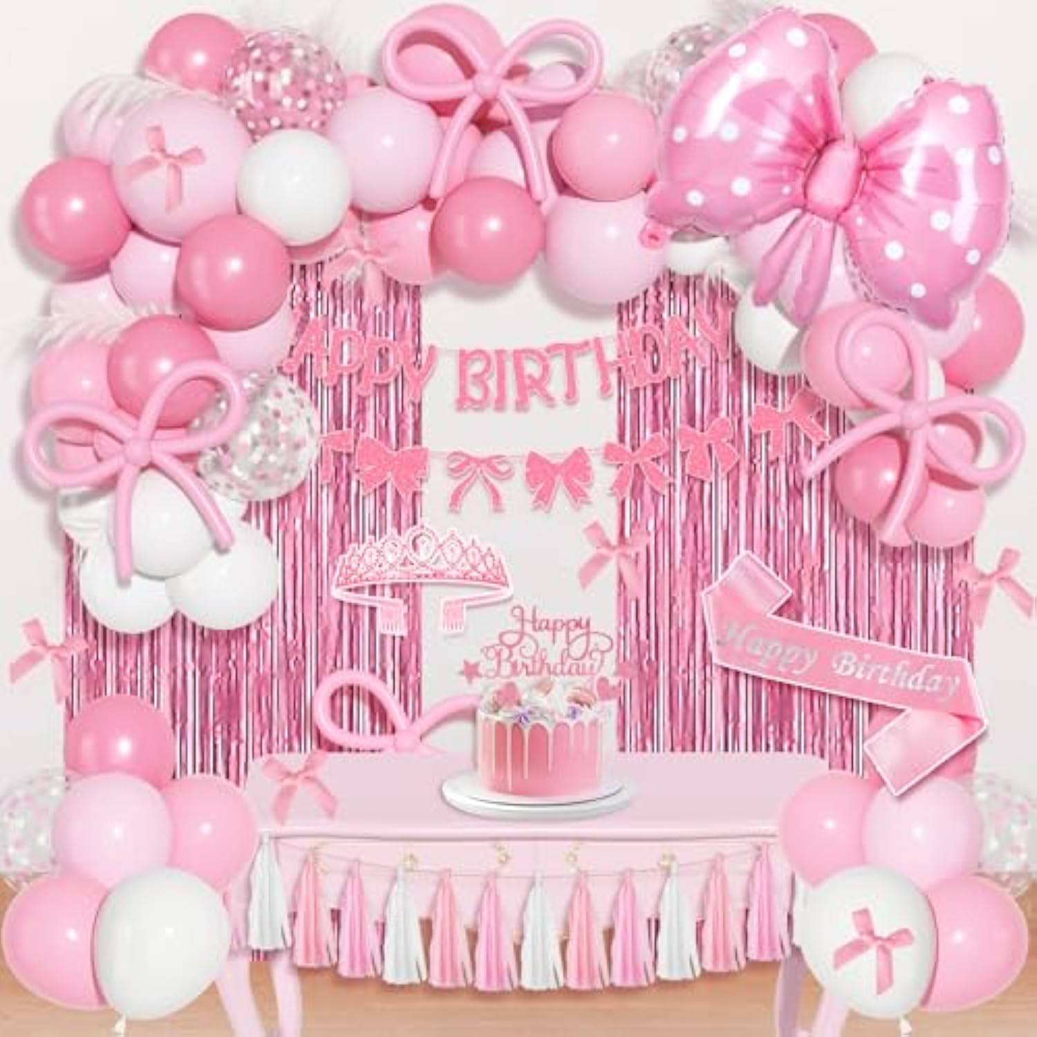 Pink Bow Birthday Decorations, Coquette Themed Party Supplies With Light Pearl Pink White Confetti Long Balloons Happy Birthday Banner Paper Tassel Cake Toppers For Women Girls Baby Shower