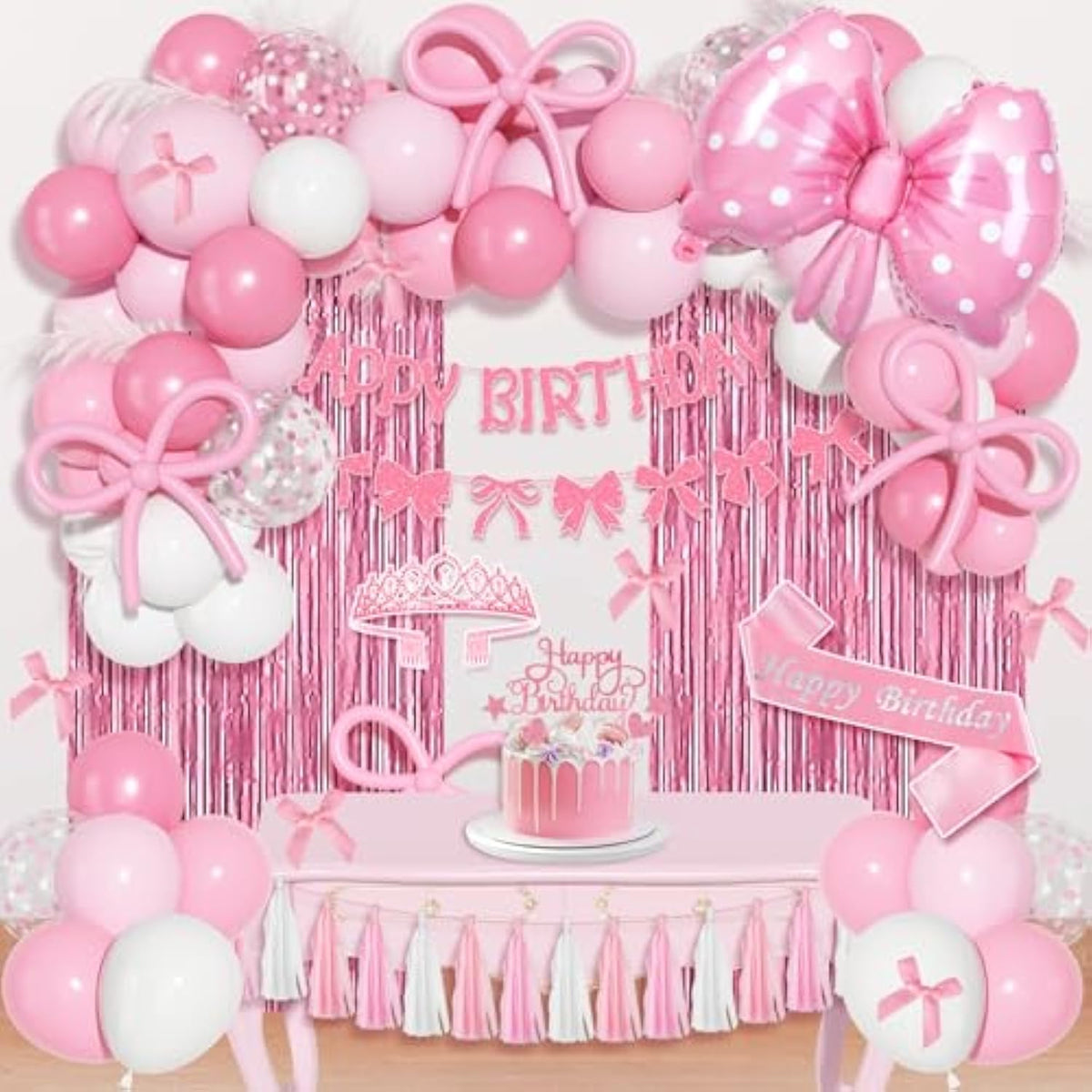 Pink Bow Birthday Decorations, Coquette Themed Party Supplies With Light Pearl Pink White Confetti Long Balloons Happy Birthday Banner Paper Tassel Cake Toppers For Women Girls Baby Shower