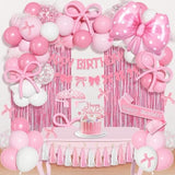 Pink Bow Birthday Decorations, Coquette Themed Party Supplies With Light Pearl Pink White Confetti Long Balloons Happy Birthday Banner Paper Tassel Cake Toppers For Women Girls Baby Shower
