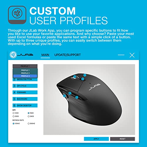 Jbuds Wireless Mouse, Connect Via Bluetooth Or Usb Wireless Dongle, Multi-Device Toggle, Up To Three Devices, Custom User Profiles, Adjustable Tracking, Full-Size, Rechargeable, (1 Pack)
