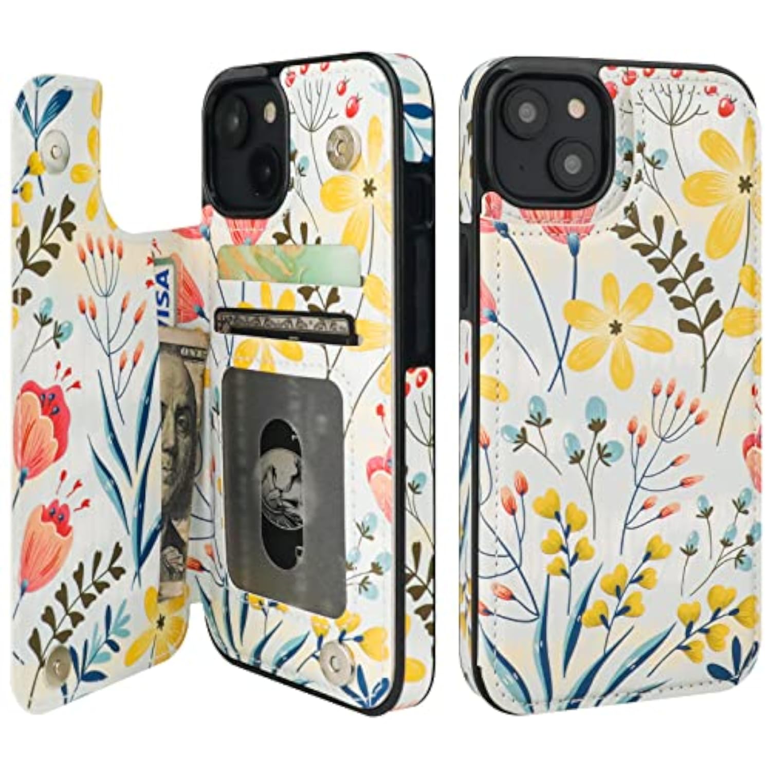 iPhone 13 Case Wallet with Card Holder, Floral Flower Pattern Back Flip Folio PU Leather Kickstand Card Slots Case for Women Girls, Double Magnetic Clasp Shockproof Cover 6.1