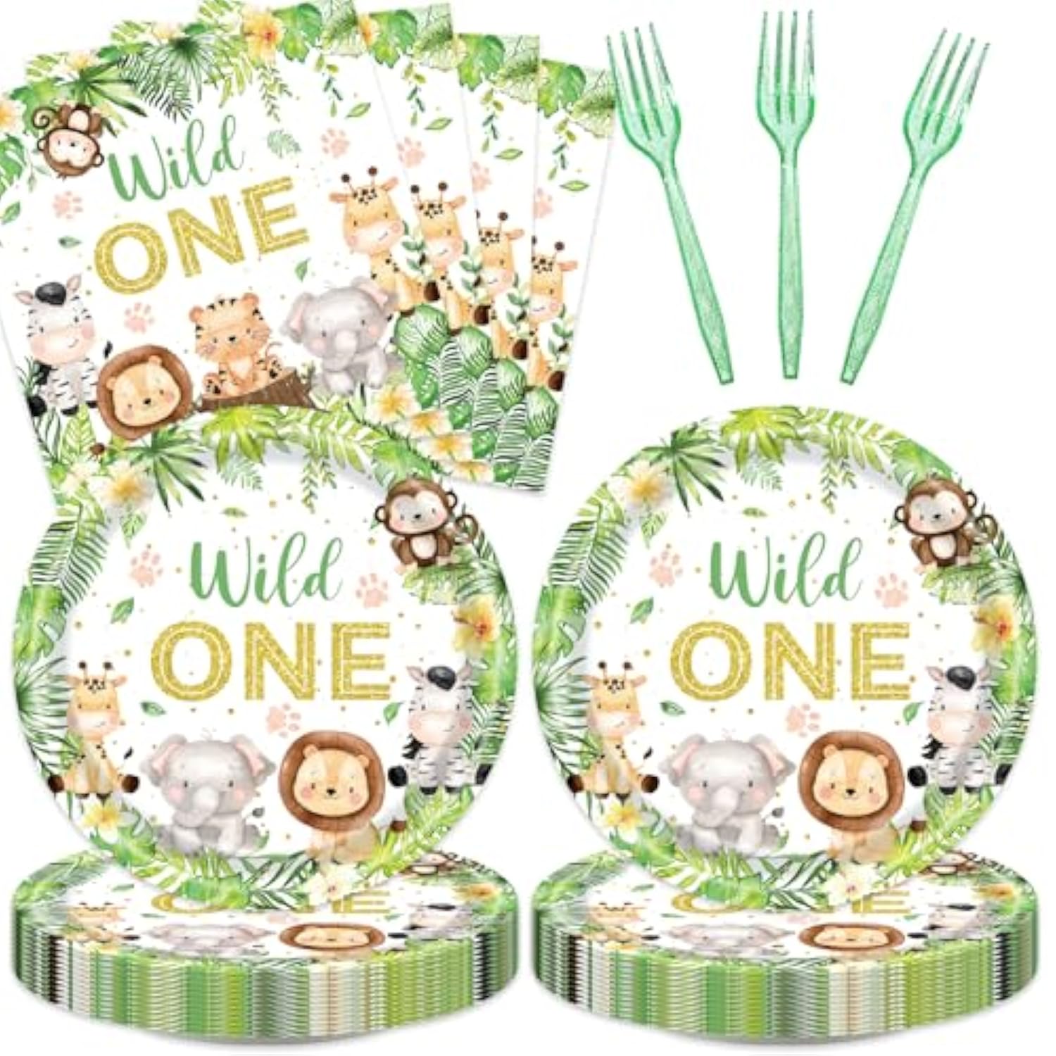 48pcs Wild One Safari Party Set Plates Napkins Forks for 16 Guests