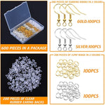 Hypoallergenic Earring Hooks, 600Pcs Earring Making Kit With Hypoallergenic Earring Hooks, Jump Rings And Clear Rubber Earring Backs For Diy Jewelry Making (Silver And Gold)