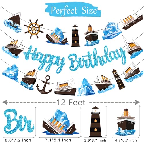 Nautical Birthday Banners 3PCS Nautical Theme Birthday Party Decorations Glitter Blue Cruise Ship Banners Ocean Sailing Party Decor for Iceberg Lighthouse Cruise Liner Baby Shower Supplies