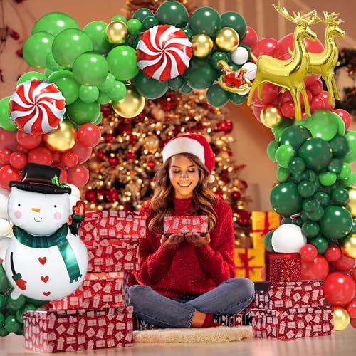 183Pcs Christmas Balloon Garland Arch Kit with Red Gold Green White and Xmas Candy Cane Lollipop Sled Reindeer Foil Balloons for Christmas Party Decorations
