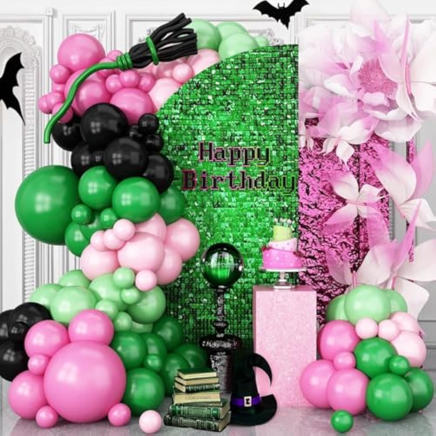 Pink Green Black Balloon Arch Kit,130Pcs Black Green Pink Witch Balloon Garland With Long Latex Balloons Different Size For Birthday Halloween Party Decoration