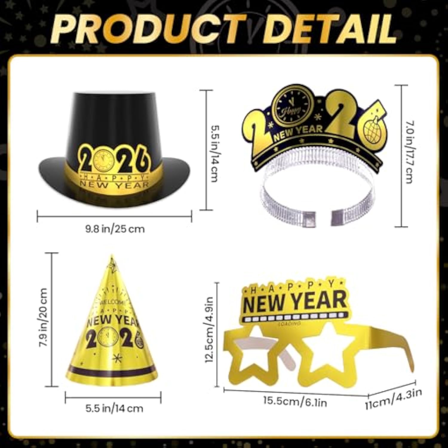 2026 New Year Party Supplies for 24 Guests with Hats, Tiaras, Glasses, and Accessories