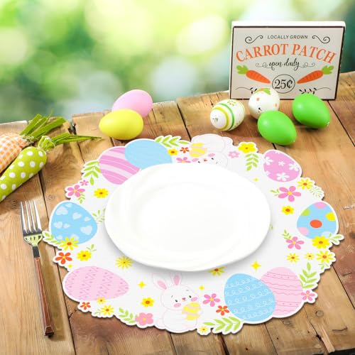 Round Easter Placemats Set of 6, 13.5" x 13.5" Easter Egg Bunny Rabbit Place Mats Flower Floral Doily Linen Seasonal Spring Table Decor for Home Party Kitchen Dining Tableware Decorations
