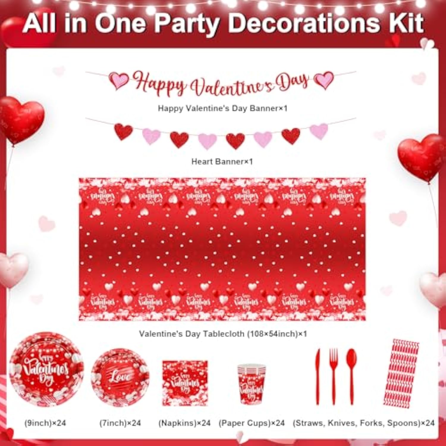 Valentine'S Party Decorations 196 Pcs Valentines Plates And Napkins,Cups,Tablecloth Serve 24 Red Heart Valentine Banner Happy Valentine'S Day Dinnerware Set Valentines Party Supplies
