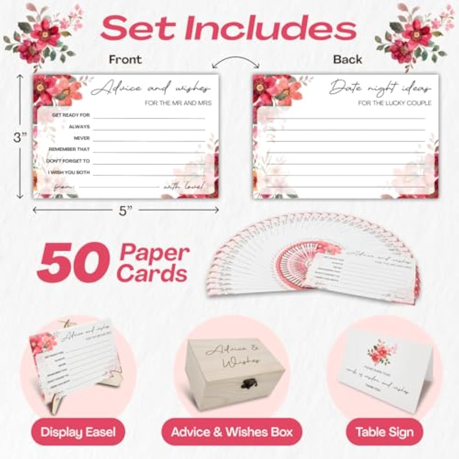 Advice And Wishes For The Mr And Mrs – 50 Double-Sided Wedding Advice Cards With Wooden Box & Easel, Bridal Shower Decorations, Games For Bride And Groom, Reception Guest Book Alternative, Best Wishes