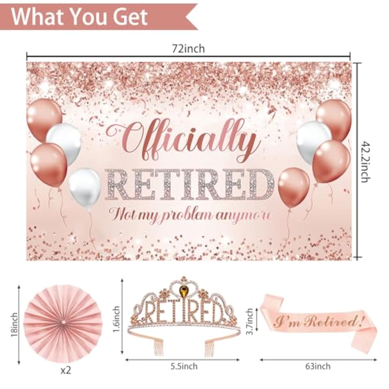 Rose Gold Retirement Decorations For Women, 30Pcs Retirement Party Supplies, Retired Crown And Sash, Banner, Hanging Swirl Flag, Balloons, Pink Retired Decoration Set