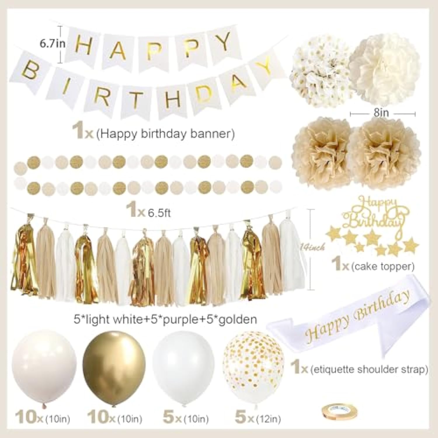 Upgraded Gold White Birthday Party Decorations For Girls Women Men With Happy Birthday Sash,Banner,Tissue Pompoms,Circle Dots Garland,Paper Tassels Garland, Cake Topper For Her Birthday Decor