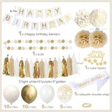 Upgraded Gold White Birthday Party Decorations For Girls Women Men With Happy Birthday Sash,Banner,Tissue Pompoms,Circle Dots Garland,Paper Tassels Garland, Cake Topper For Her Birthday Decor
