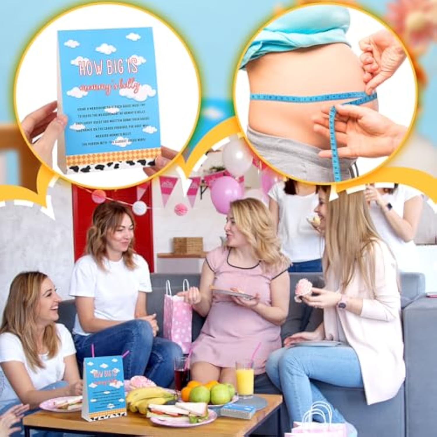 54 Pcs Cartoon Blue Sky Baby Shower Games Pink Bow Measure Belly Bump Party Games Include How Big Is Mommy'S Belly Sign 50 Guessing Cards 3 Measuring Tapes For Baby Shower Party(Blue Sky)