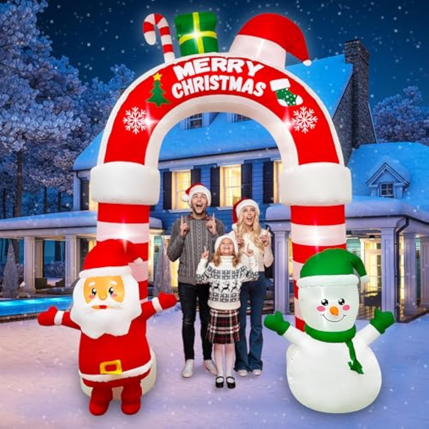 10 Ft Christmas Inflatable Santa Snowman Archway Decoration, Led Lighted Giant Xmas Arch With Candy And Gift Box Blow Up